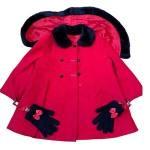 Vintage Girls 4T Red Wool Coat Madeline Inspired Faux Fur Trim